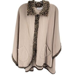 Le Moda Womens Wrap blanket Sweater Leopard Trim Full Zip Pocket Beige Tan One S